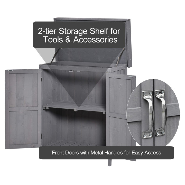 MCL Small Shed, Wooden Garden Shed with Openable Hinged Roof and Removable Shelf, Outdoor Tool Storage Cabinet Chest with Double Doors, 74 x 43 x 88 cm, Grey