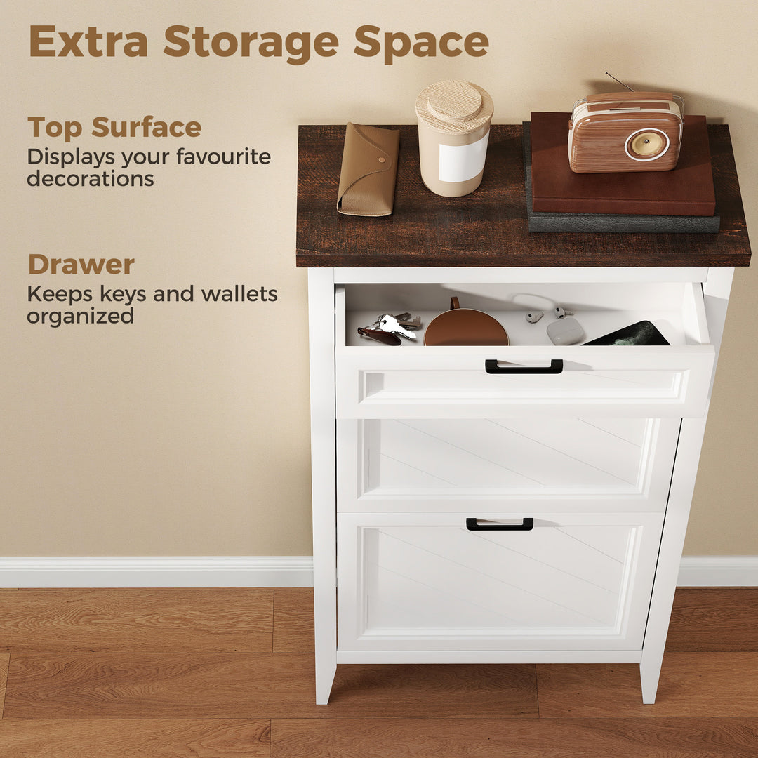 Shoe Cabinet with 2 Flip Drawers, Farmhouse Narrow Shoe Storage Cabine