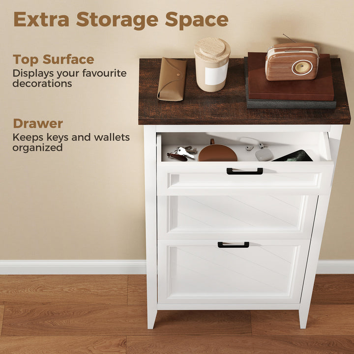 Shoe Cabinet with 2 Flip Drawers, Farmhouse Narrow Shoe Storage Cabine