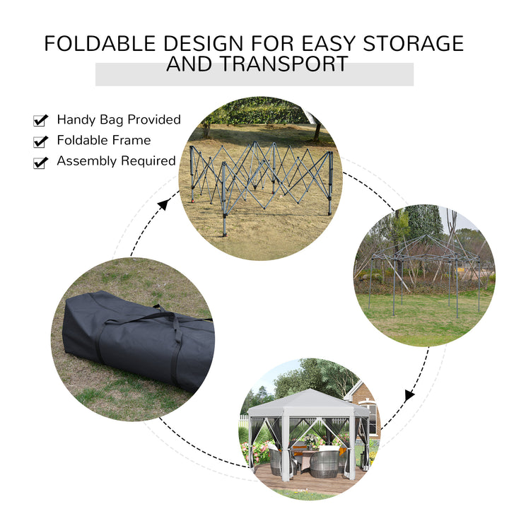 Outsunny Hexagonal Pop Up Gazebo with Mesh Sidewalls, 3.2m, Outdoor Sun Shelter, Handy Bag Included, Light Grey