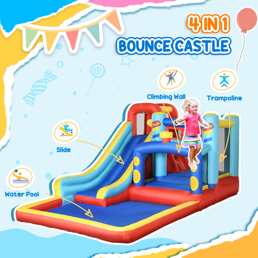 MCL 4-in-1 Bouncy Castle, with Slide, Trampoline, Climbing Wall, Blower, Multicoloured