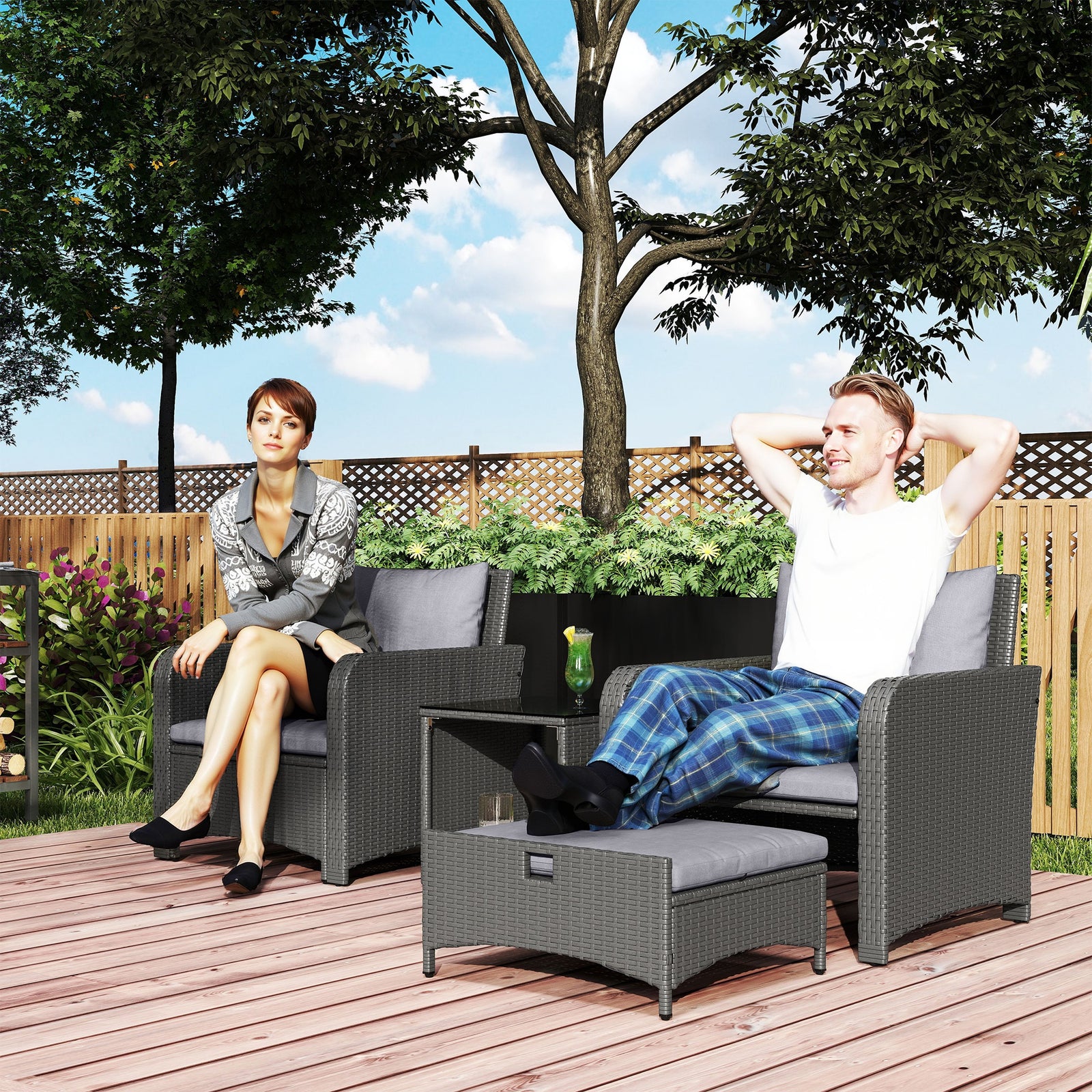 Five Piece Rattan Garden Furniture Set with 2-Tier Coffee Table and Ottomans - Grey