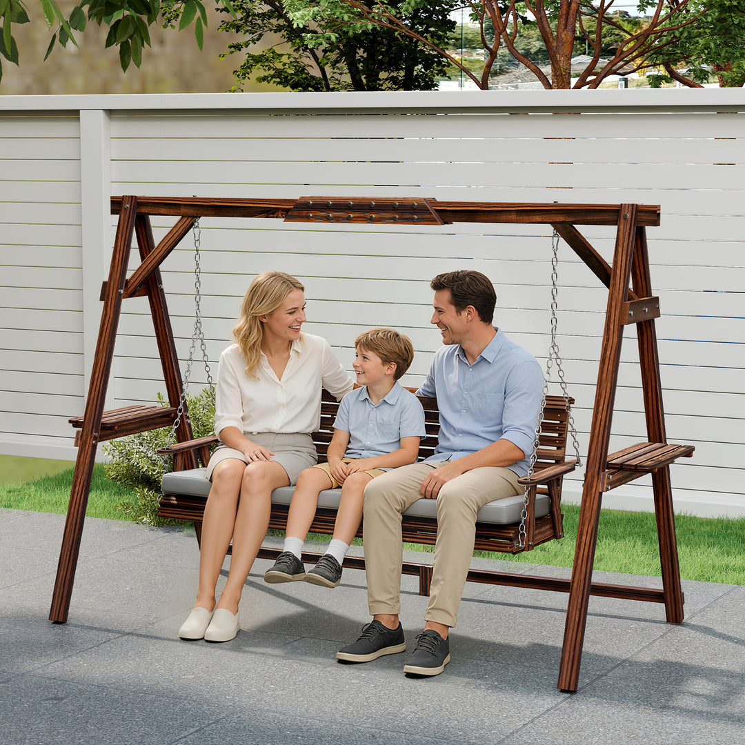3 Seater Garden Swing Seat, Wooden Swing Chair Bench with Cushion, Sid