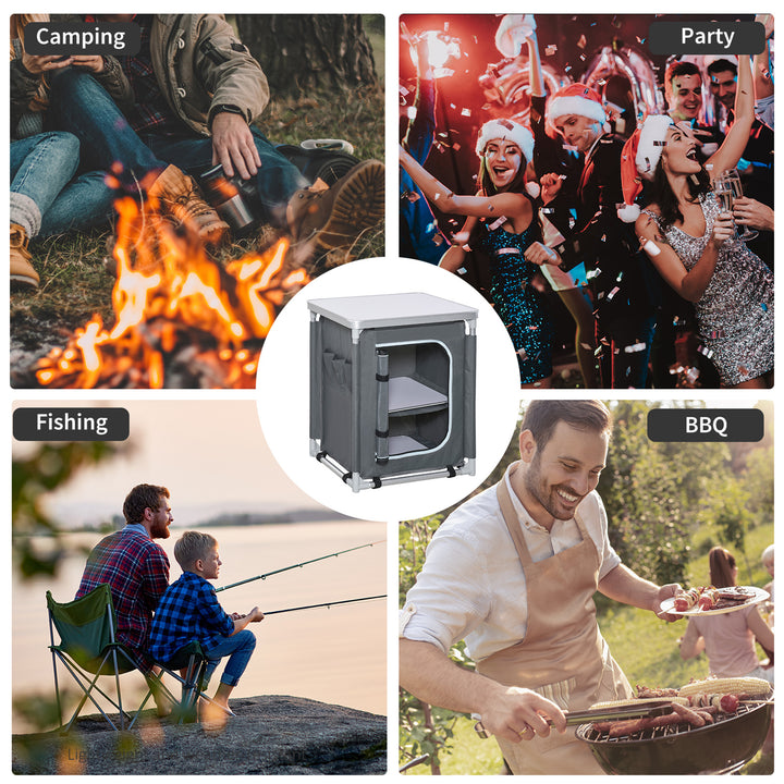 2-Shelf Camping Cupboard Camping Kitchen Station Cook Table Aluminum, Storage Organiser for BBQ Party Picnics Backyards with Carrying Bag