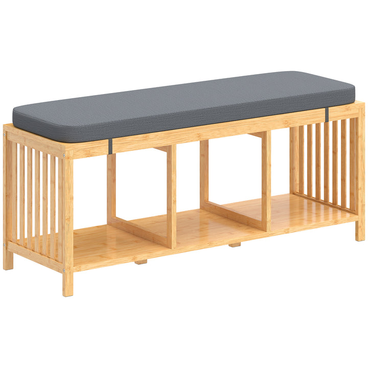 Bamboo Shoe Bench, Entryway Storage Bench with Padded Cushion and Open