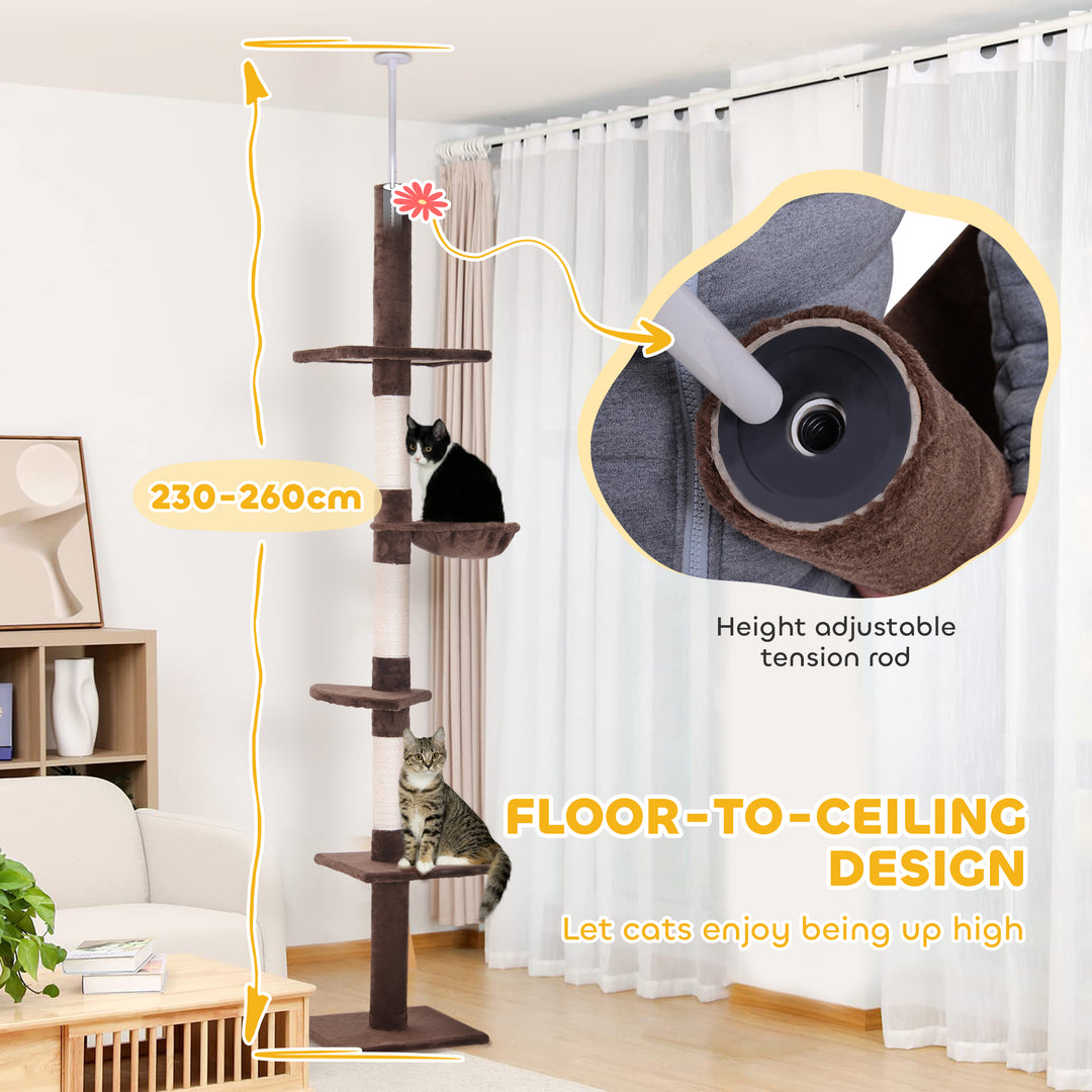 Floor to Ceiling Cat Tree for Indoor Cats 5-Tier Kitty Tower Climbing Activity Center Scratching Post Adjustable Height 230-260 cm Brown
