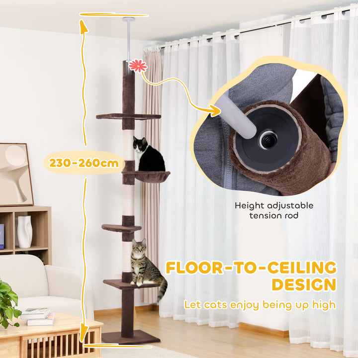 Floor to Ceiling Cat Tree for Indoor Cats 5-Tier Kitty Tower Climbing Activity Center Scratching Post Adjustable Height 230-260 cm Brown