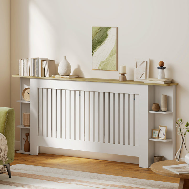 MCL Radiator Cover with Open Storage Shelves, Vertical Slatted Cabinet Shelf Heater Cover for Living Room, Hallway, Extra Large, White (H: 83 / W: 191 / D: 19 cm)