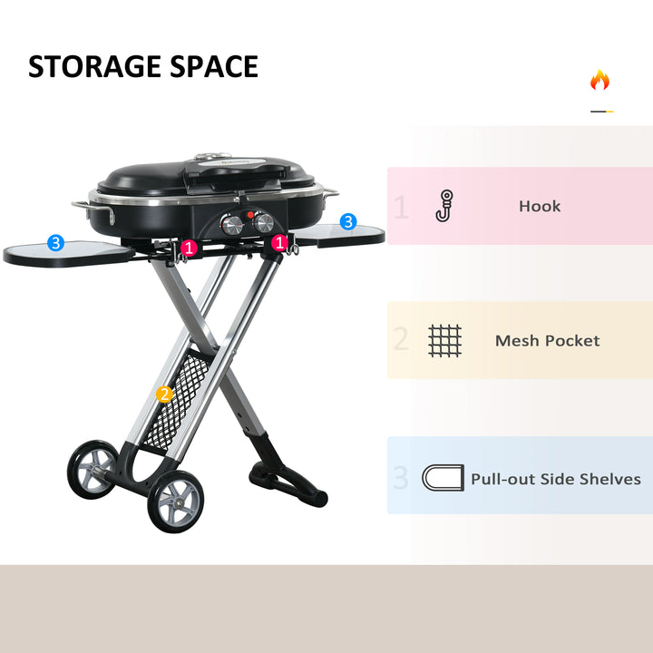 Foldable Gas BBQ Grill 2 Burner Garden Barbecue Trolley w/ Lid Side Shelves Storage Pocket Piezo Ignition Thermometer, Aluminium Alloy