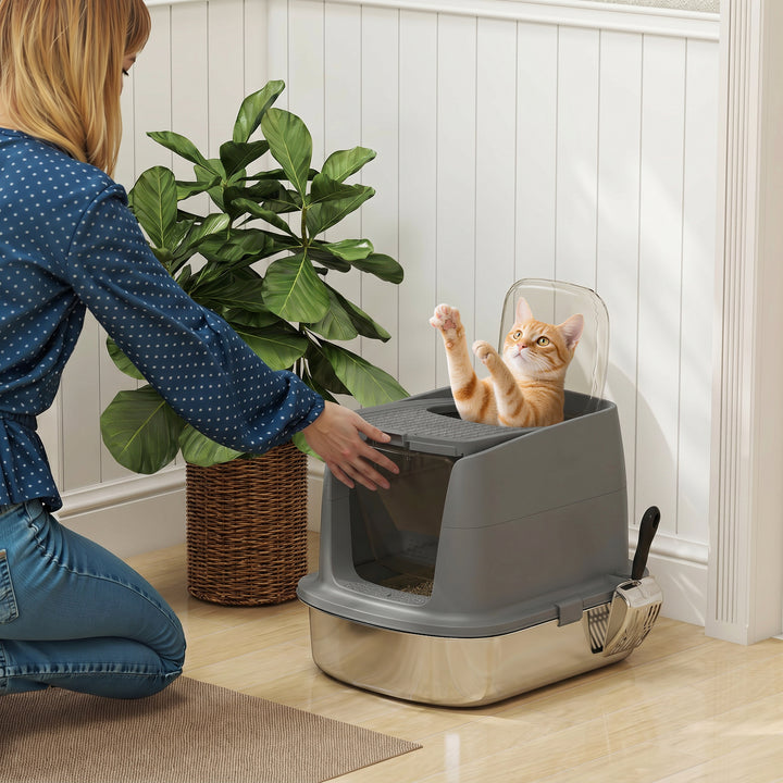 Large Stainless Steel Litter Box, Enclosed Metal Cat Litter Tray with 