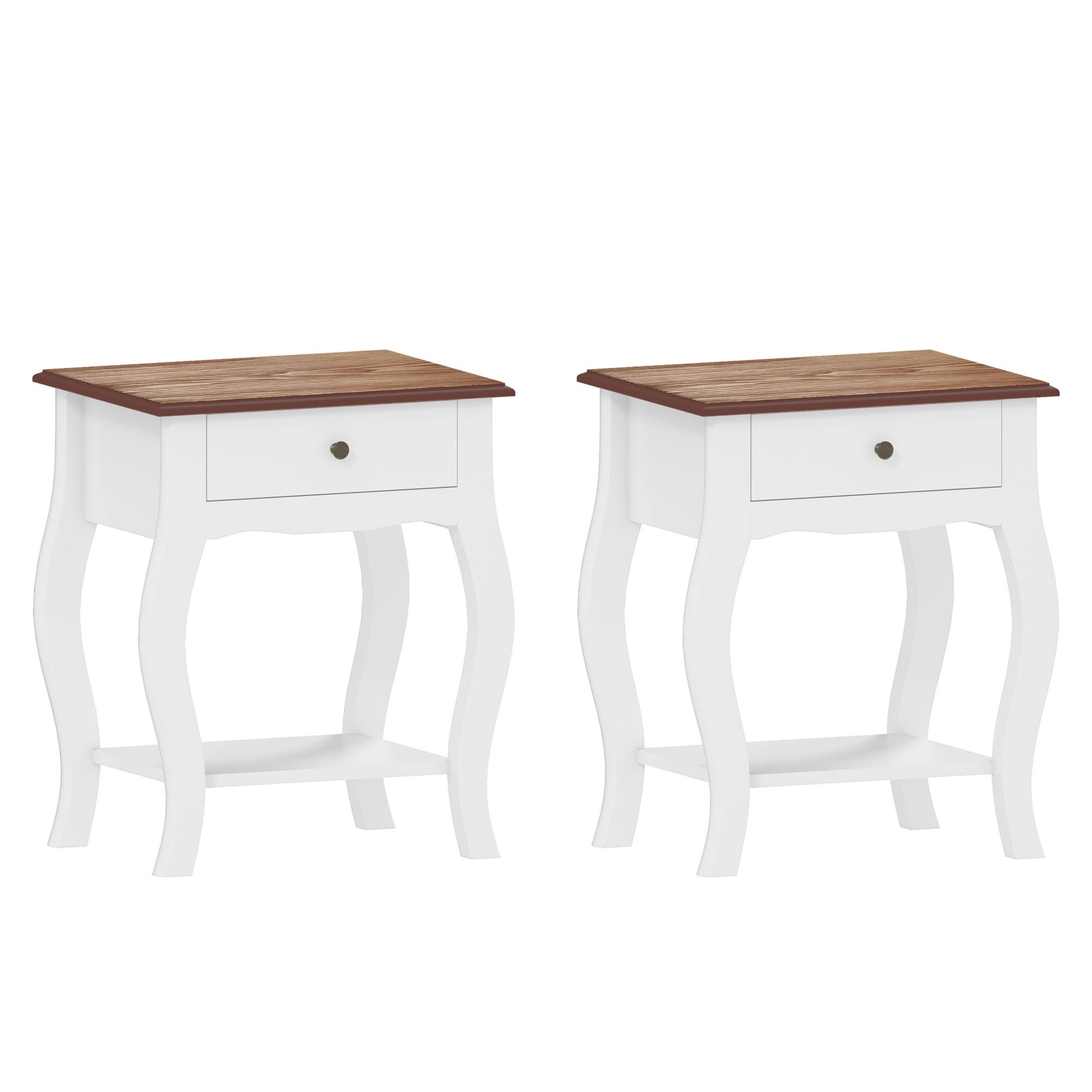 2pcs Bedside Tables with Drawer, French Style Bedside Cabinets with Open Shelf for Bedroom, Living Room, White