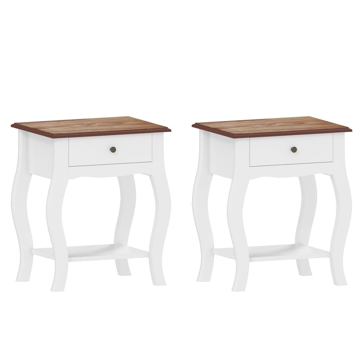 2pcs Bedside Tables with Drawer, French Style Bedside Cabinets with Open Shelf for Bedroom, Living Room, White