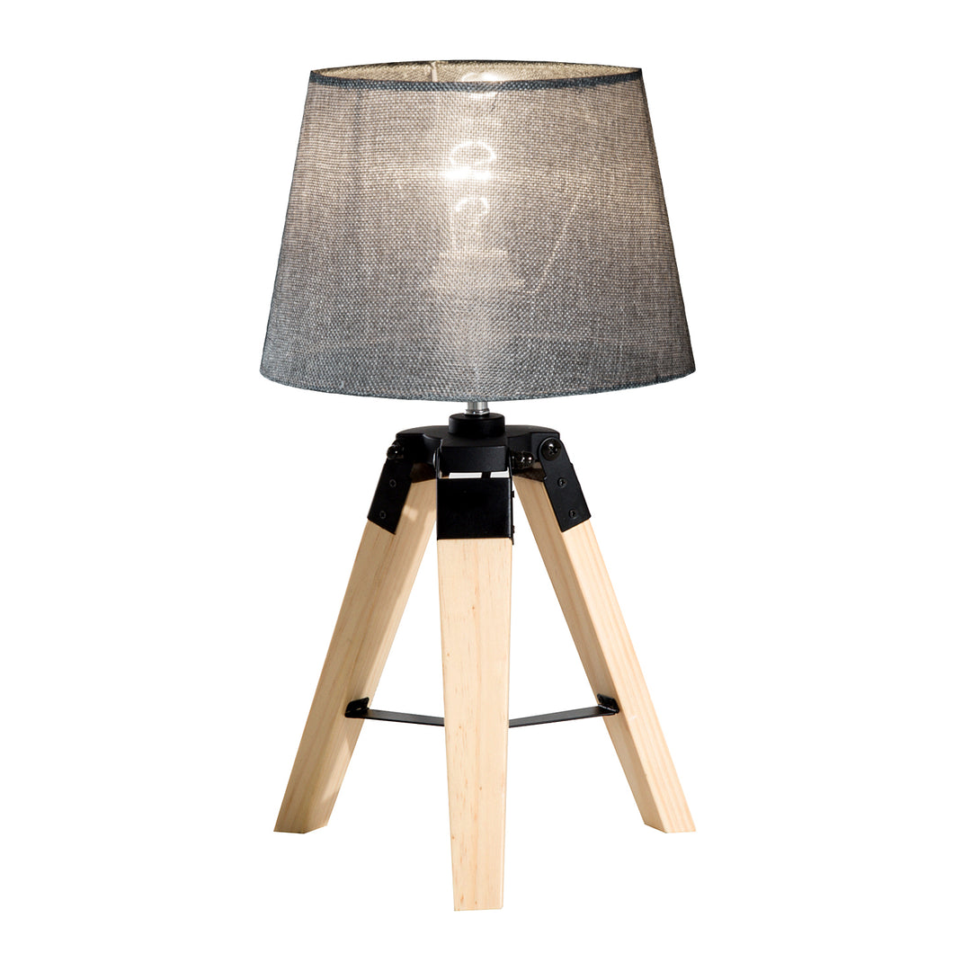 MCL Wooden Tripod Table Lamp for Side, Desk or End Table with E27 Bulb Base（Grey Shade）