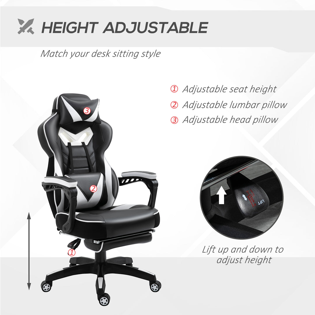 Computer Gaming Chair, Racing Desk Chair with Lumbar Support and Footrest, PU Leather Gamer Chair with Headrest and Swivel Wheels for Home, White