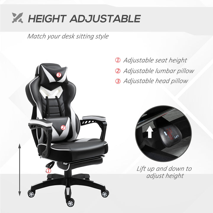 Computer Gaming Chair, Racing Desk Chair with Lumbar Support and Footrest, PU Leather Gamer Chair with Headrest and Swivel Wheels for Home, White
