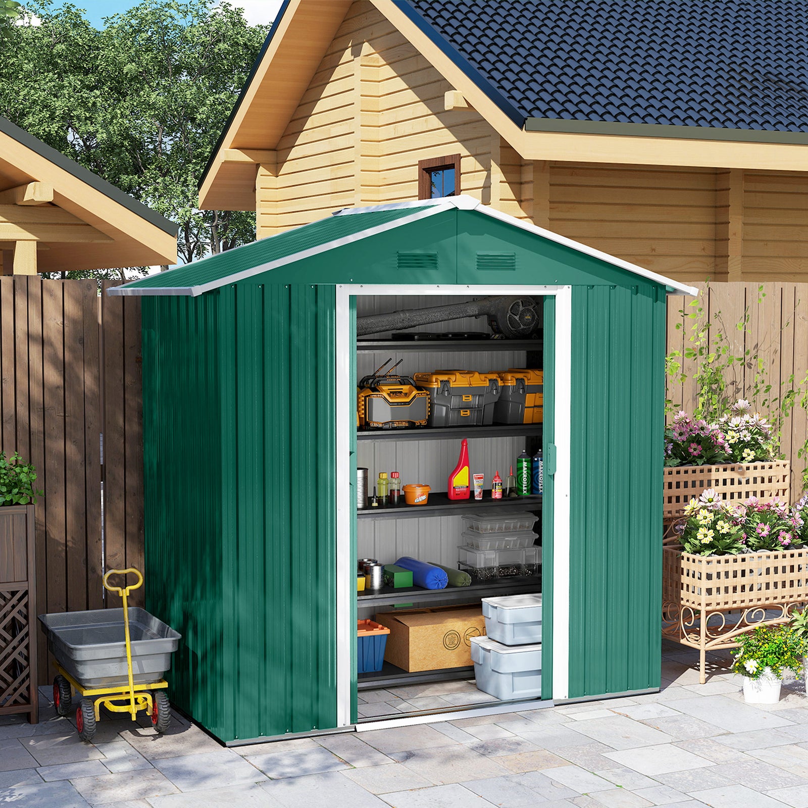 6.5ft x 3.5ft Metal Garden Storage Shed for Outdoor Tool Storage with Double Sliding Doors and 4 Vents, Green