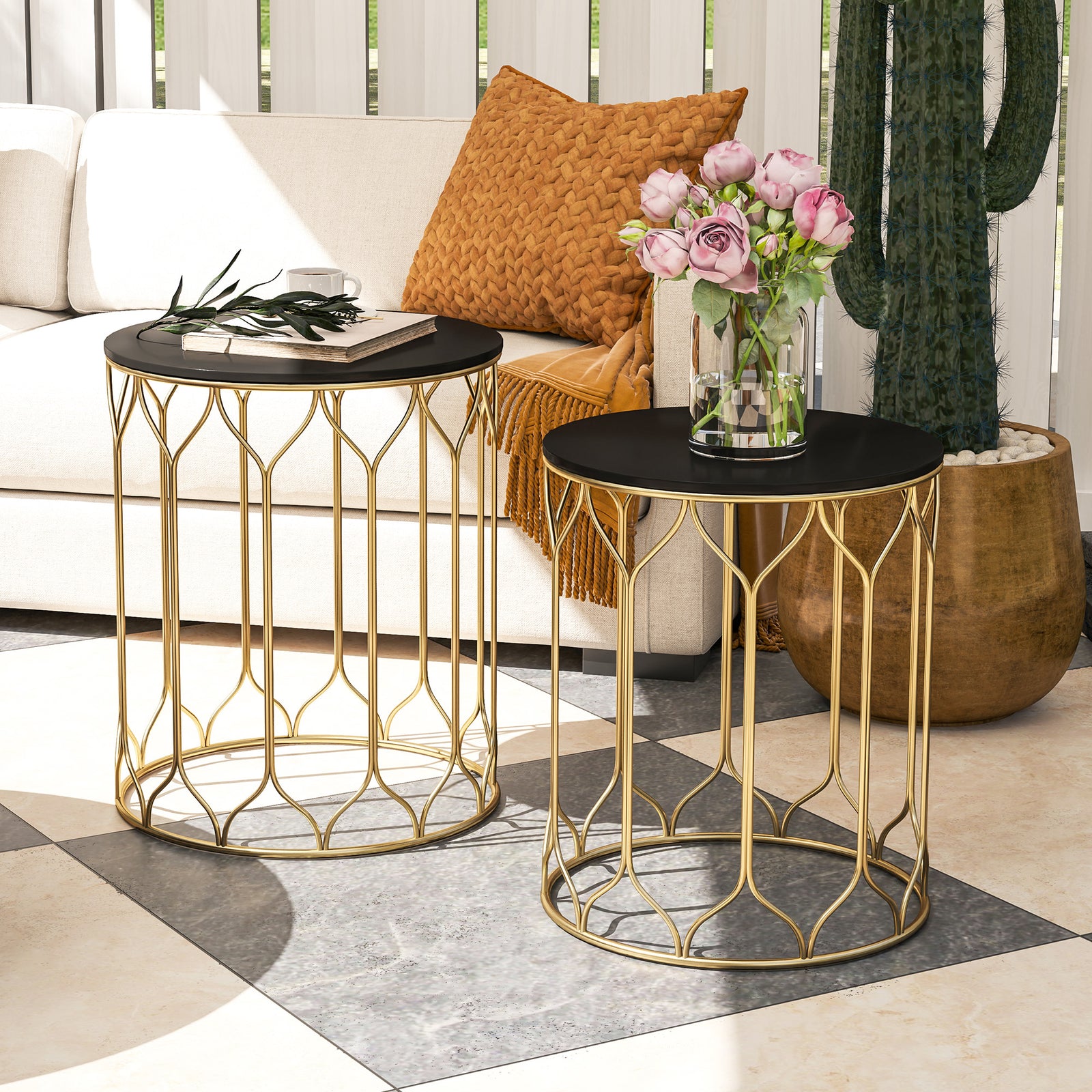 Round Coffee Table Set of 2, Modern Nesting Tables with Ceramic Tile Top, Small End Tables, Indoor Outdoor Side Table with Metal Frame for Living Room, Bedroom, Patio, Balcony, Black