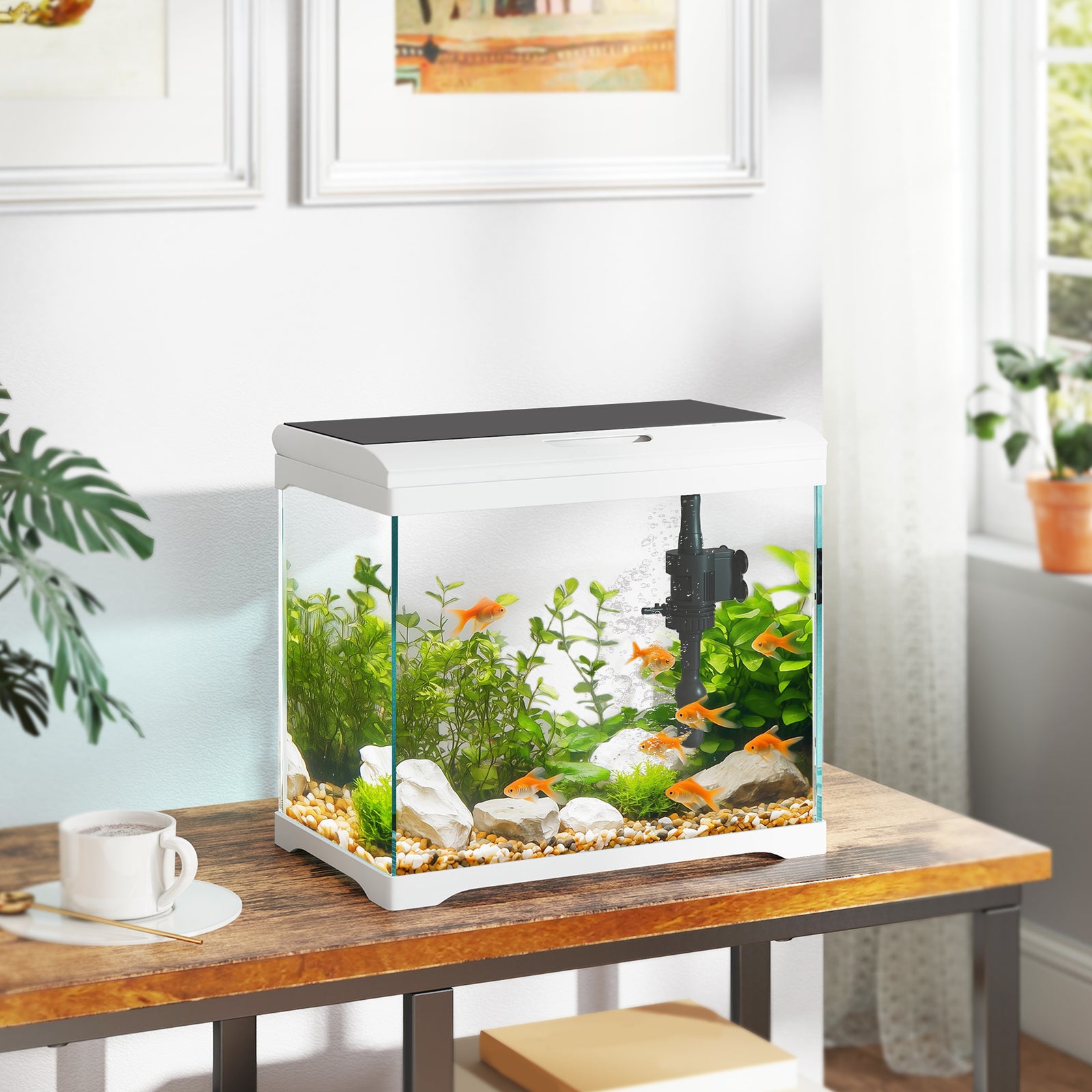 17L Glass Fish Tank with Filter System, LED Light, Water Pump, for Betta, Goldfish, Shrimps, White