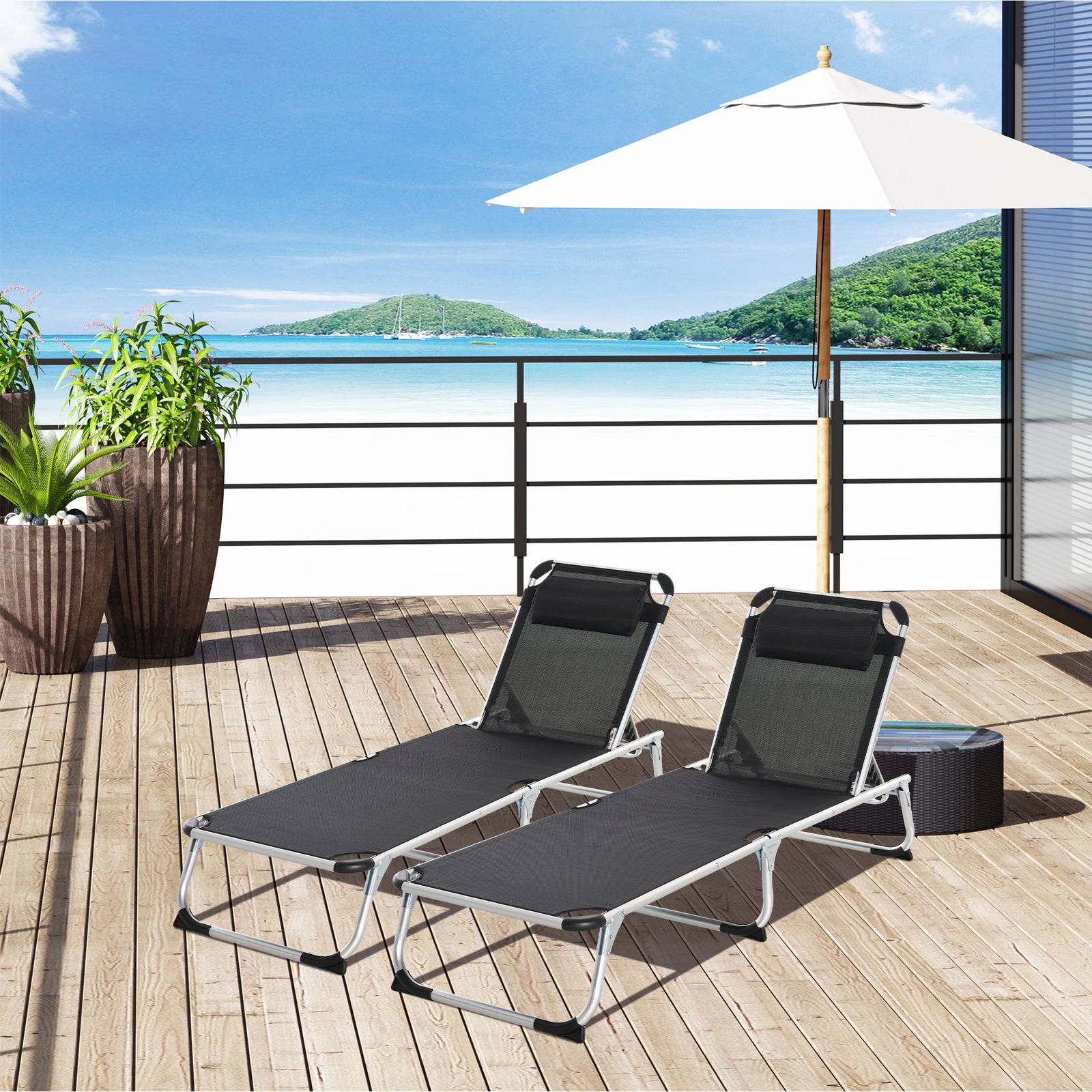 Foldable Outdoor Sun Loungers Set of 2, Reclining Lounge Chair Camping Bed Cot with Pillow 4-Level Adjustable Back Aluminium Frame, Black