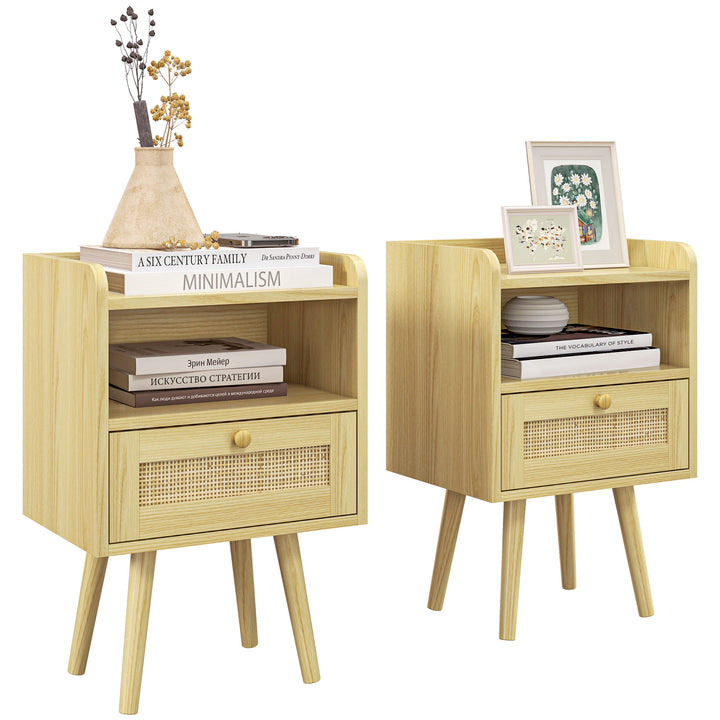 HOMCOM Bedside Table Set of 2, Boho Nightstand with Drawer, Storage Compartment, Natural Wood Finish