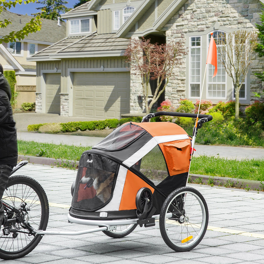 Dog Bike Trailer 2-in-1 Pet Stroller for Large Dogs Cart Foldable Bicycle Carrier Aluminium Frame with Safety Leash Hitch Coupler Reflector Flag Orange