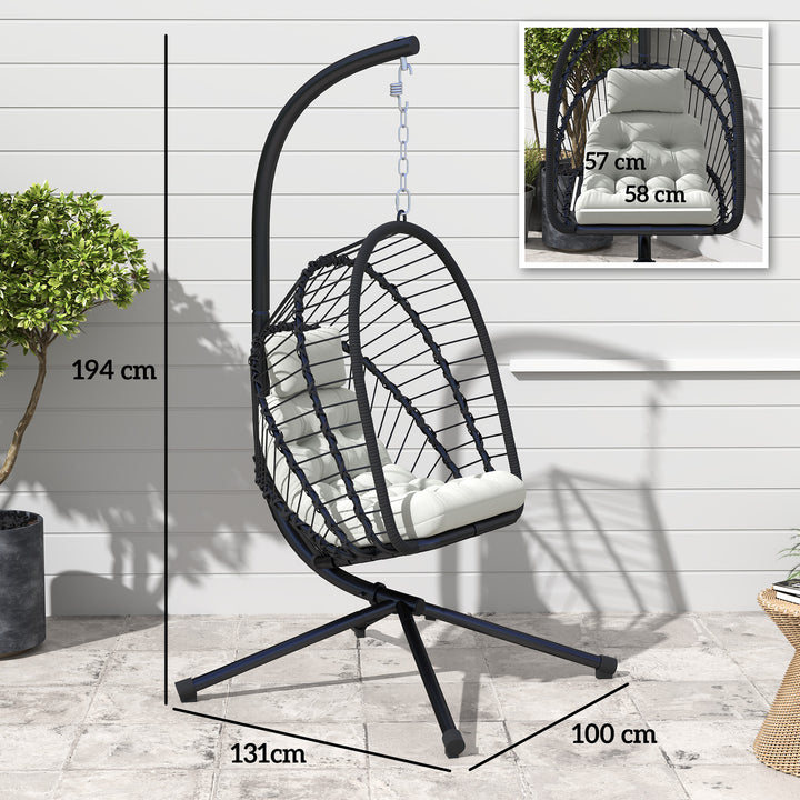 Outdoor PE Rattan Swing Chair with Foldable Basket and Cushion, Garden Patio Hanging Egg Chair with Metal Stand, Headrest for Indoor and Outdoor, Black