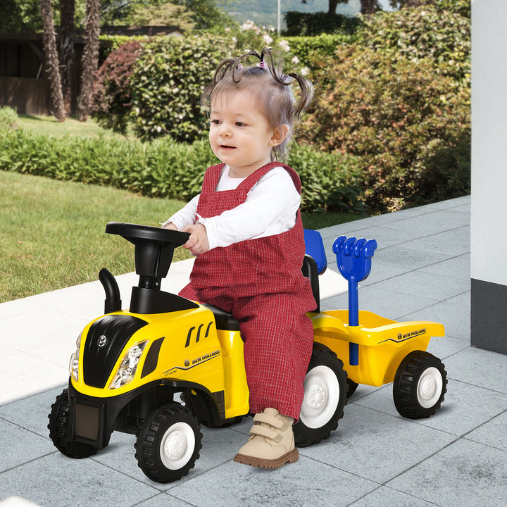 HOMCOM Compatible Baby Toddler Sliding Car NEW HOLLAND Licensed Foot to Floor Slider w/ Horn Storage Steering Wheel for 12-36 Months Yellow | Aosom UK