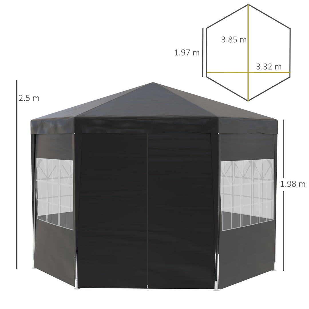 Outsunny Hexagonal Gazebo Canopy Tent, 4m, Party Event Shelter with 6 Removable Side Walls, Windows, Doors, Black