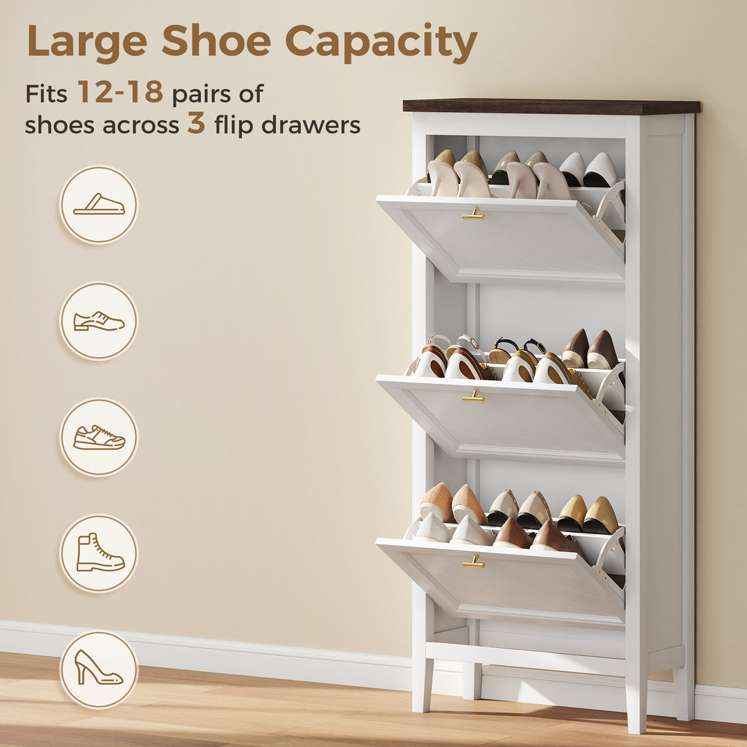 Shoe Cabinet with 3 Flip Drawers, Farmhouse Narrow Shoe Storage Cabine