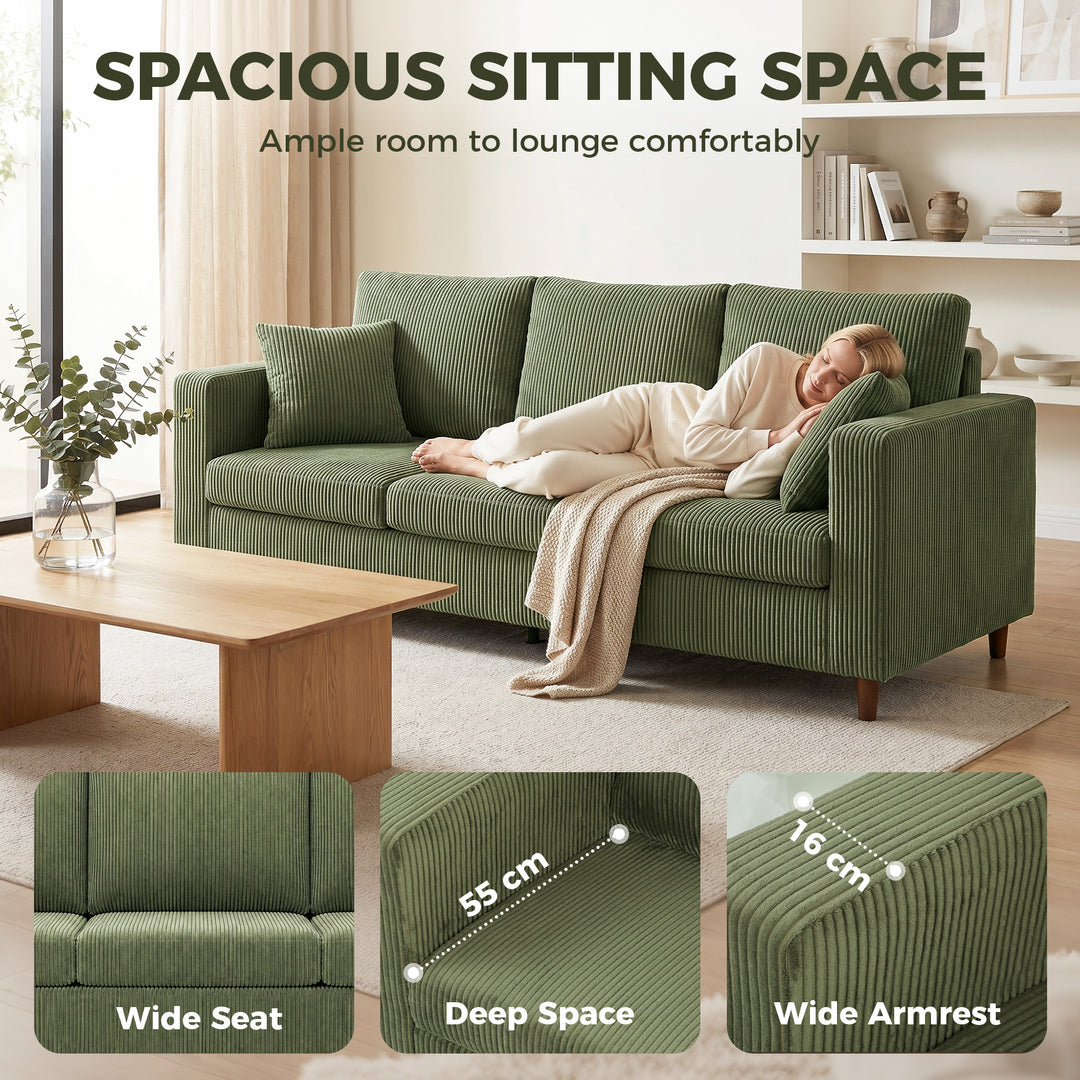 3 Seater Sofa with Wide Seat, Corduroy Fabric Couch with Deep Seat, Sp