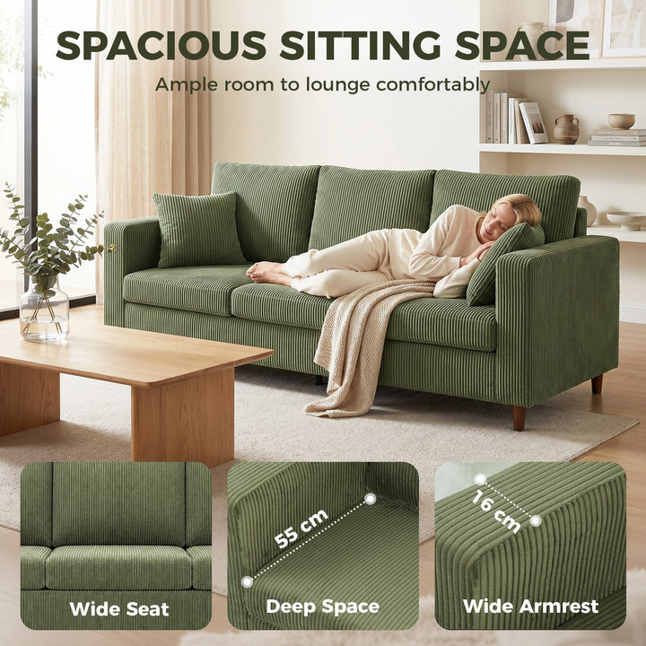 3 Seater Sofa with Wide Seat, Corduroy Fabric Couch with Deep Seat, Sp