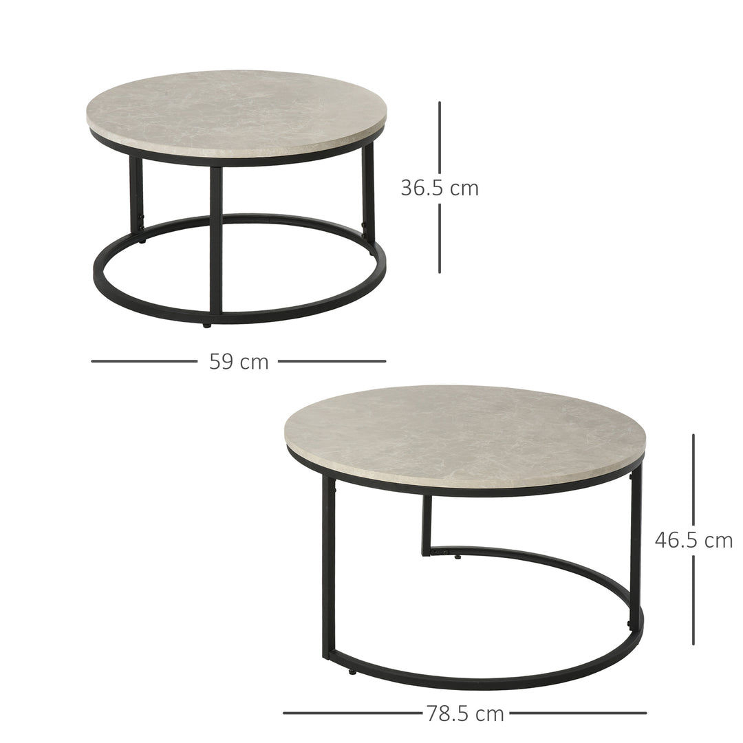 HOMCOM 2 Pcs Stacking Coffee Table Set w/ Steel Frame Marble-Effect Top Foot Pads Nest of Tables Storage Display Black/Grey