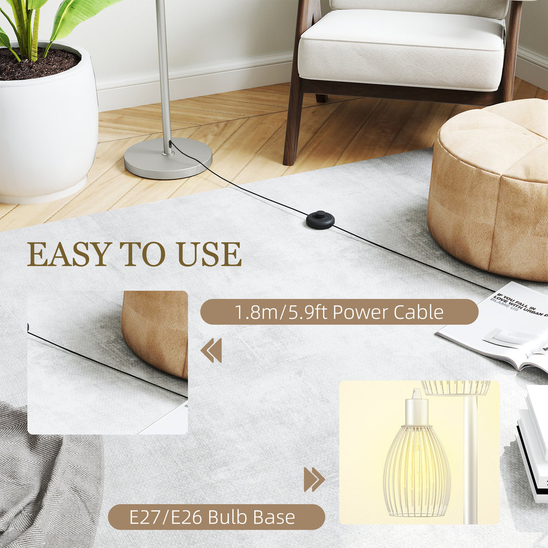 3-Light Floor Lamp, 170cm Industrial Dimmable Standing Lamp with Steel Wire Cage Lampshades for Living Room, Bedroom, Dining Room, Study, Silver Tone