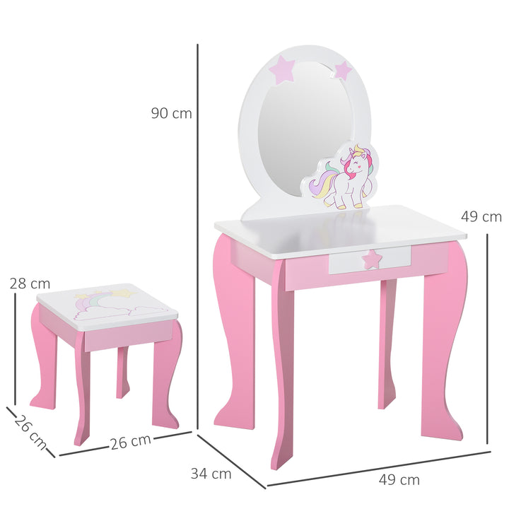 HOMCOM Kids Dressing Table, Girls Dressing Table w/ Mirror & Stool, Unicorn  Play Toy for Age 3-6 Years, Acrylic Mirror, Pink & White | Aosom UK