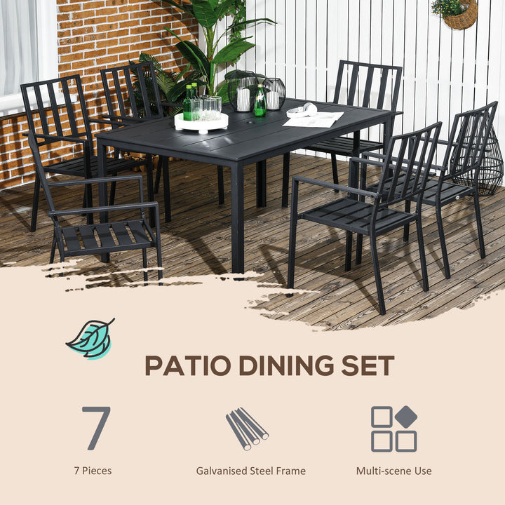 Outsunny 7 Pieces Garden Dining Set, Outdoor Table and 6 Stackable Chairs, Metal Top Table with Umbrella Hole, Black