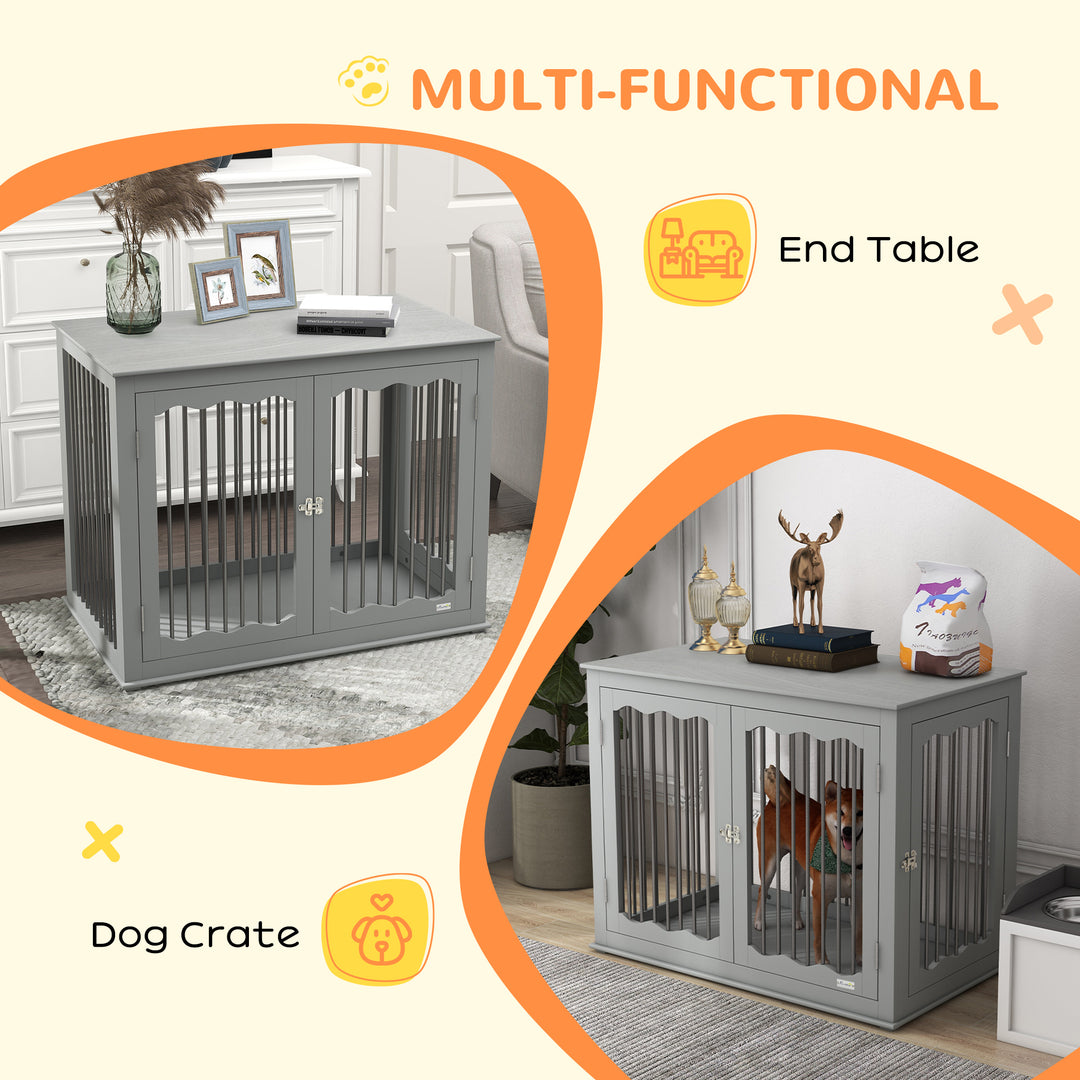 PawHut Dog Crate End Table w/ Three Doors, Furniture Style Dog Crate, for Big Dogs, Indoor Use w/ Locks and Latches - Grey | Aosom UK