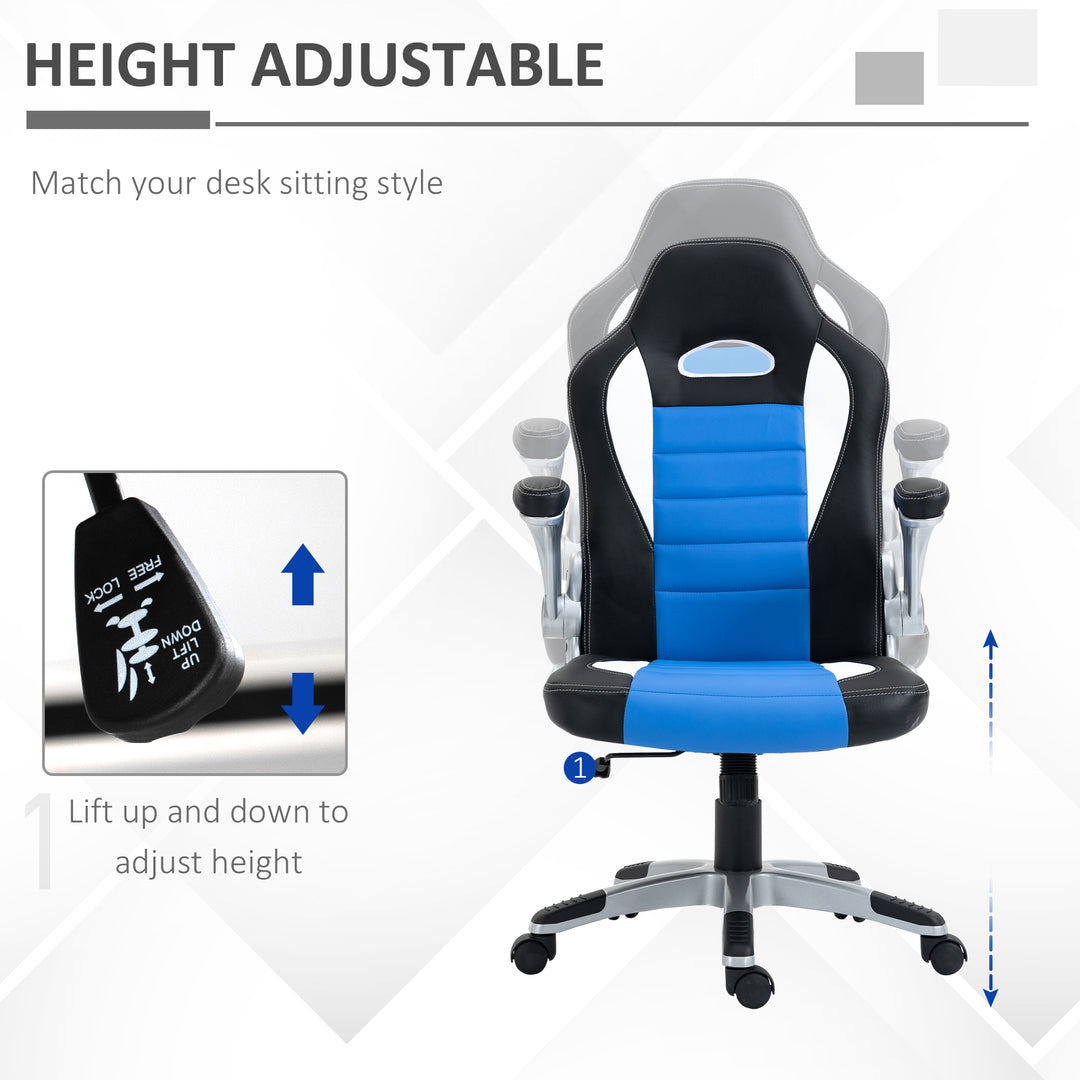 Computer Gaming Chair, Office Desk Swivel Chair, PU Leather Racing Chair with 90° Flip-up Armrest, Adjustable Height and Rolling Wheels, Blue