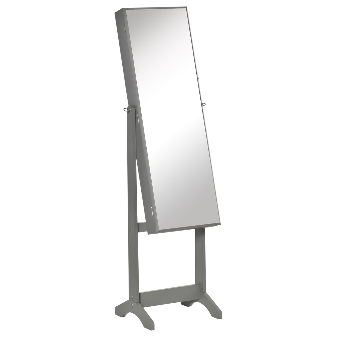 Full Length Mirror with Storage, Jewellery Cabinet with Mirror, Adjustable Angle and Stand, Lockable Jewellery Organiser for Bedroom Dressing Room, Grey