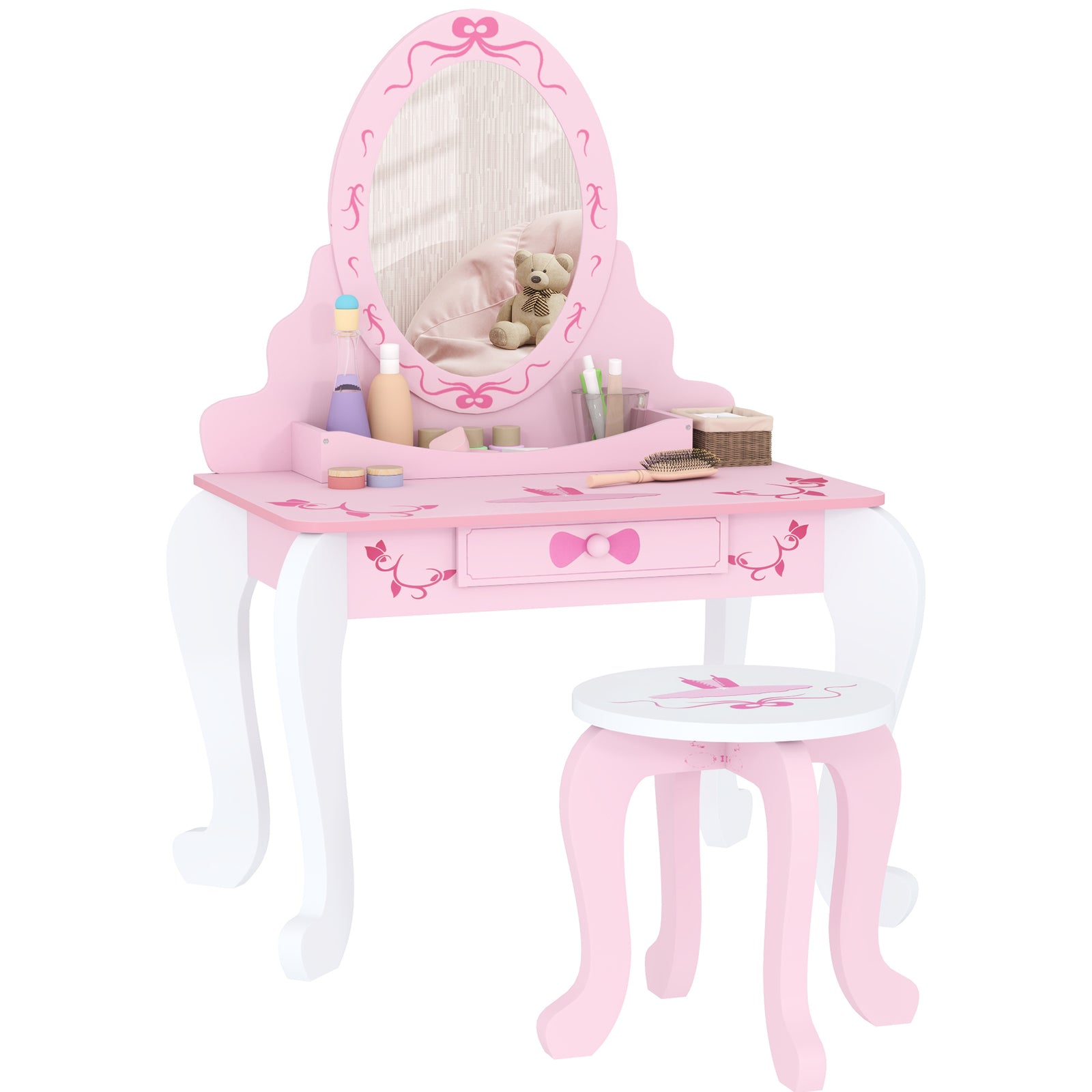 AIYAPLAY Kids Dressing Table Set, Vanity Table with Stool, Mirror, Drawer, Desktop, Storage, Ballet-Theme, Pink