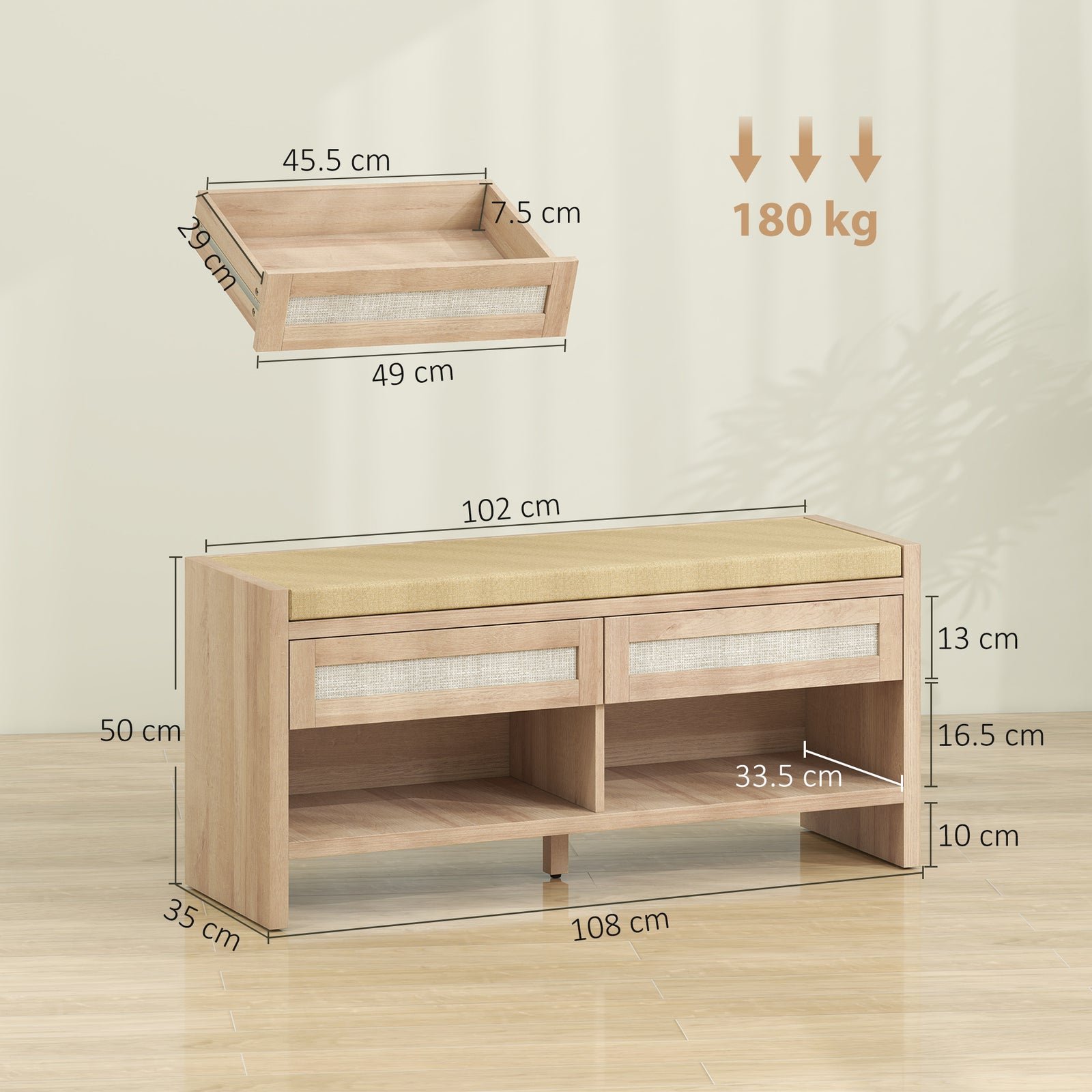 Boho Shoe Bench with 2 Rattan Drawers, Shoe Storage Bench with Cushion