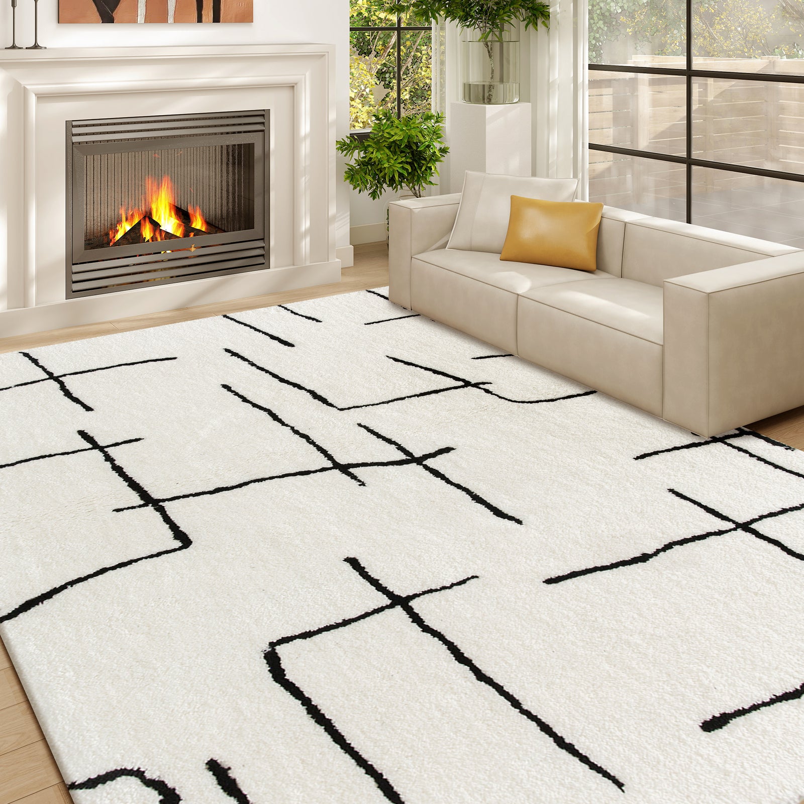 HOMCOM Modern Fluffy Area Rug, Geometric Pattern Washable Rug, Soft High Pile Floor Carpet for Living Room, Bedroom, Dining Room, Home Office, 170 x 120 cm, Cream
