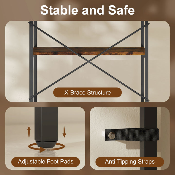 MCL 5-Tier Bookshelf, Industrial Bookcase with Metal Frame - Rustic Brown and Black