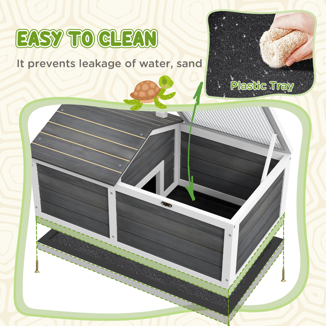 Wooden Tortoise House, Small Pet Reptile Shelter, with Hide Den and Run - Grey
