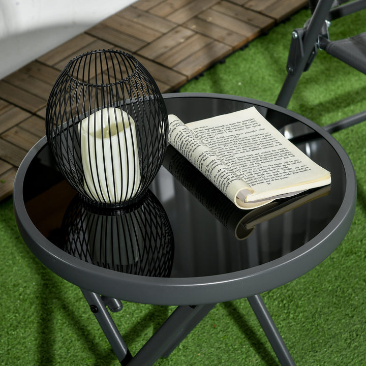 Φ45cm Garden Side Table, Outdoor Round Folding Patio Table with Imitation Marble Glass Top, Small Coffee Table, Black