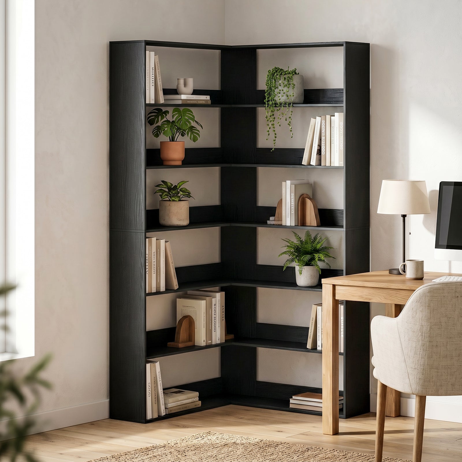 7 Tiers Bookshelf, L-Shaped Corner Bookcase with Anti-Slip Rear Guard,