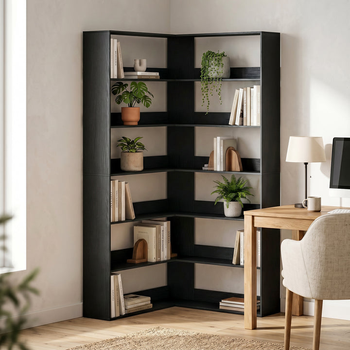 7 Tiers Bookshelf, L-Shaped Corner Bookcase with Anti-Slip Rear Guard,