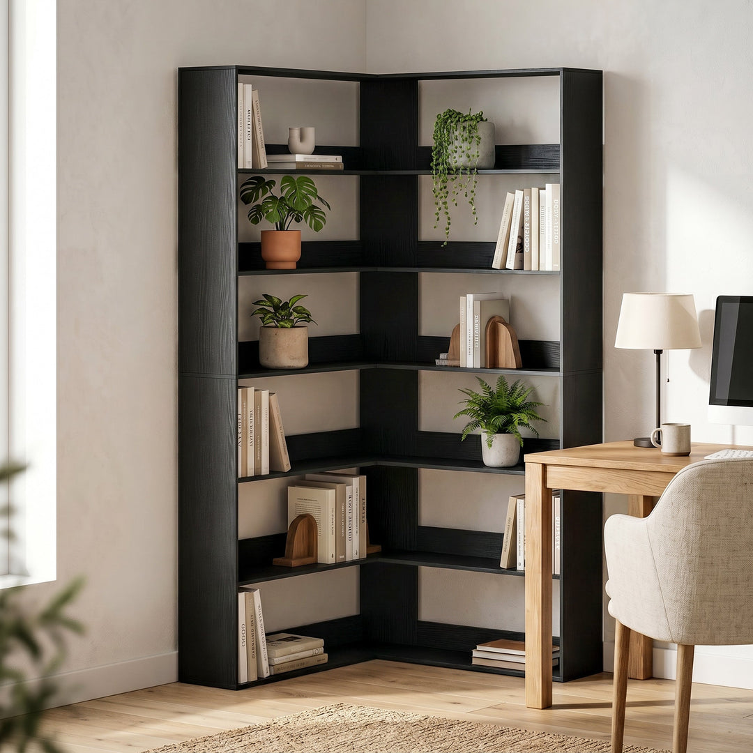 7 Tiers Bookshelf, L-Shaped Corner Bookcase with Anti-Slip Rear Guard, Wood Effect