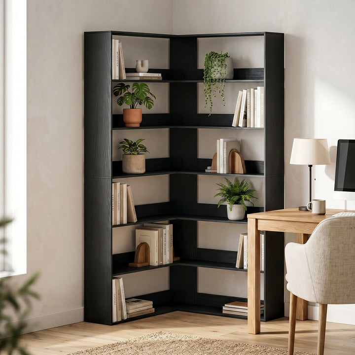 7 Tiers Bookshelf, L-Shaped Corner Bookcase with Anti-Slip Rear Guard, Wood Effect