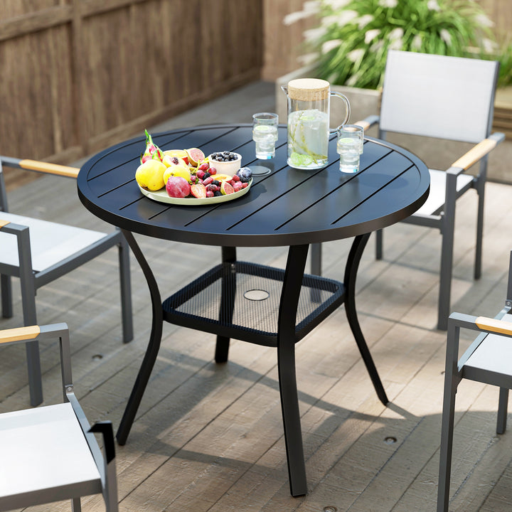 90 cm Garden Dining Table with 4-5 cm Parasol Hole, Round Outdoor Dining Table, Steel Garden Table with Slatted Metal Top and Wire Shelf for Balcony, Porch, Black