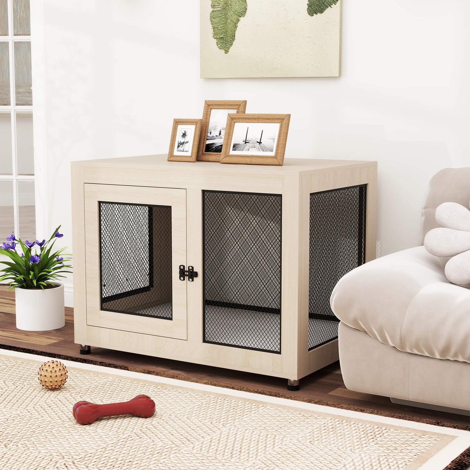 2-in-1 Dog Cage & Side Table, with Two Doors, Cushion, for Large Dogs